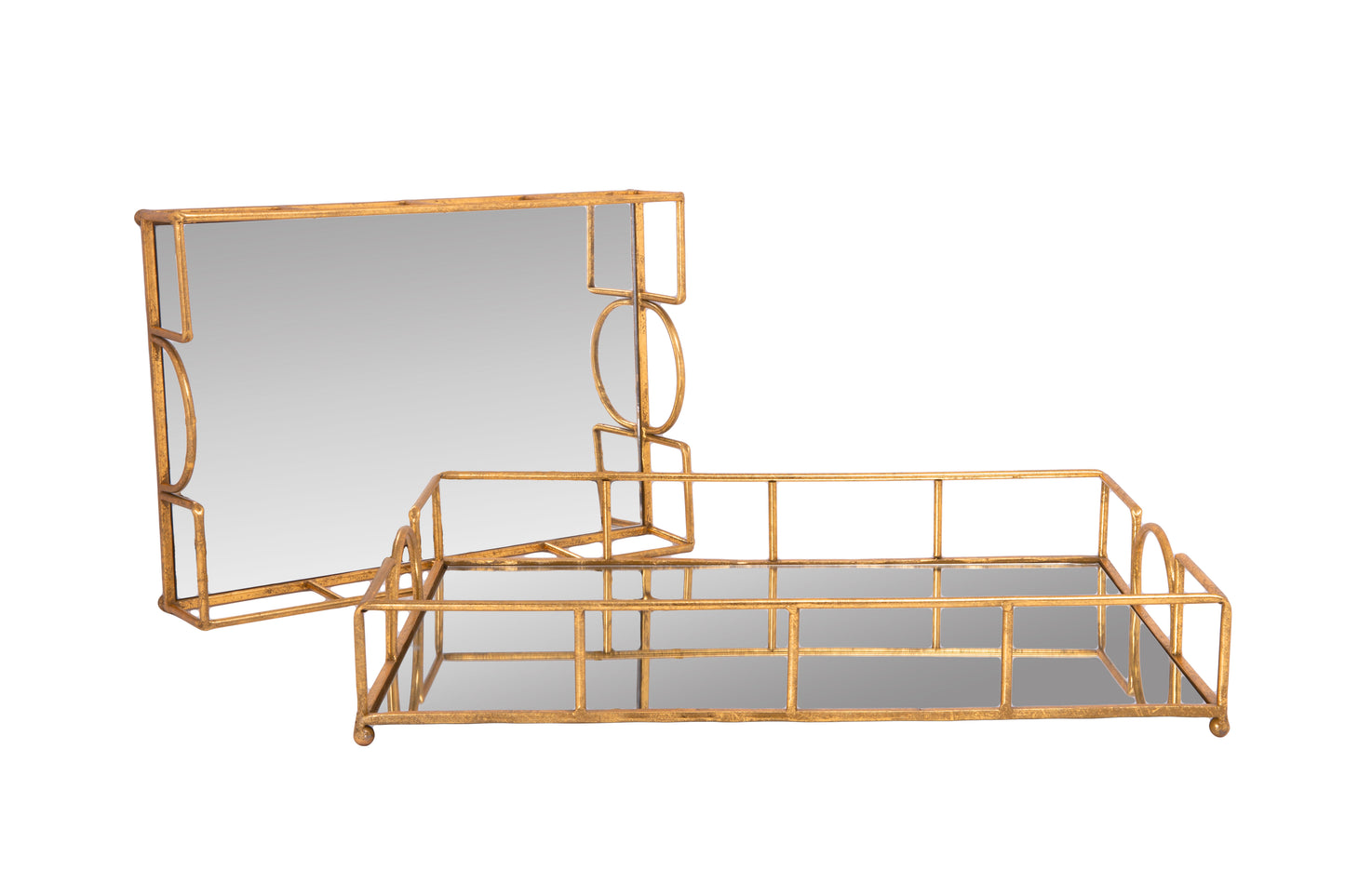 Metal Tray with Mirror Set of Two Gold-3.50"H