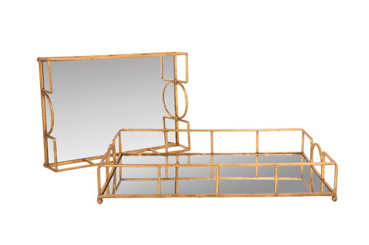 Metal Tray with Mirror Set of Two Gold-3.50"H